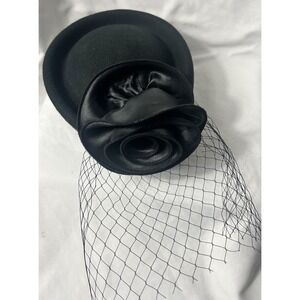 Vintage Black 100% Wool Pillbox Hat Satin Rose Birdcage Veil Funeral Formal Goth